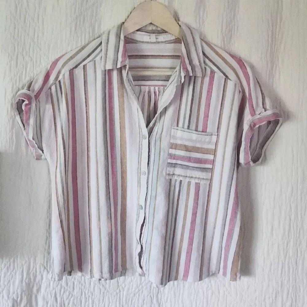 U22 Maurices button-up linen blend crop top - pink tan & white striped